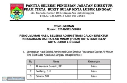 Seleksi Dirut PDAM Lubuklinggau Berpedoman Permendagri 37/2018, Ini Syarat Lengkapnya